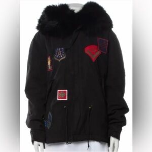 Mr & Mrs Italy Military Parka  Raccoon fur hood. Lined in Rabbit fur. Size L.